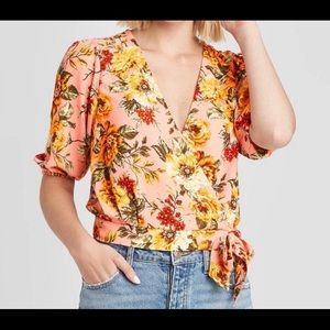 Xhilaration Floral-Print Elbow-Sleeve V-Neck Wrap Top Size XS